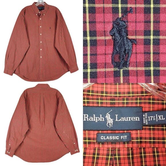 Polo Ralph Lauren Shirt Oxford Mens Size 17.5 XL Red Plaid Button Down Flaw - Picture 1 of 10